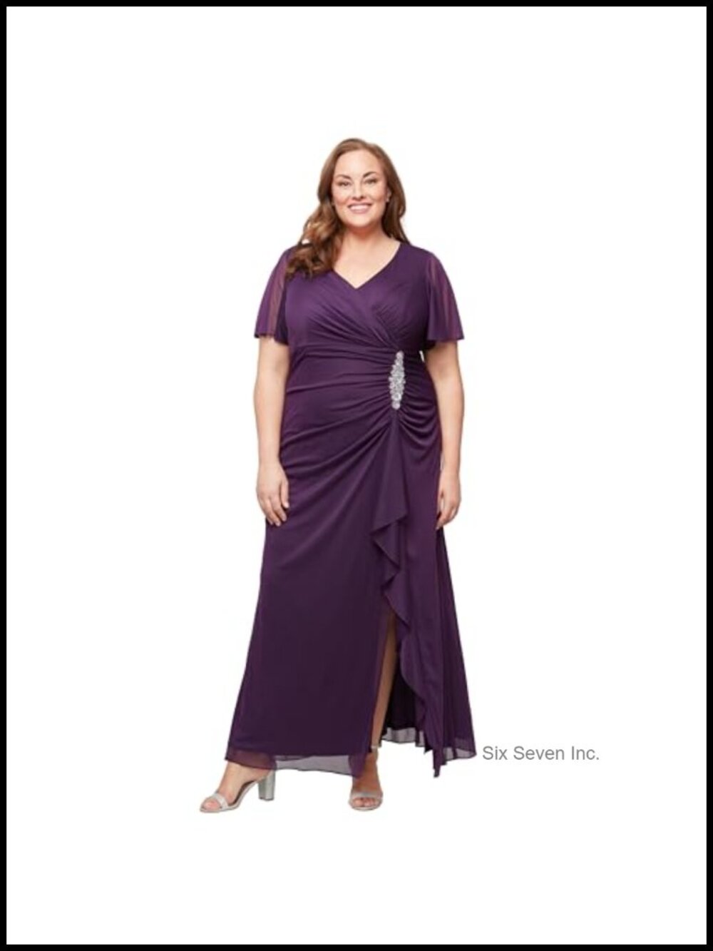 Women's Plus Size Floor-Length Surplice Neck Formal Dress with Flutter Sleeves